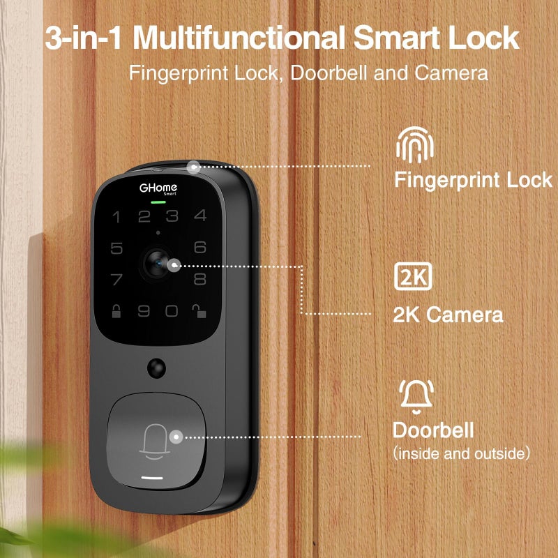 GHome Smart 3 in 1 Door Lock with Fingerprint WiFi Keyless Entry Smart Deadbolt  2K HD Camera  2.4GHz  App Remote Control  Smart Door Knob with Doorbell - Image 2